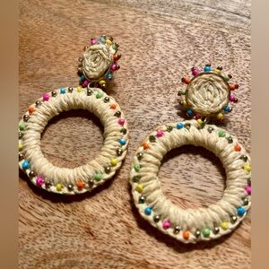 Cream Woven Hoop Earrings with Colorful Beads NWOT